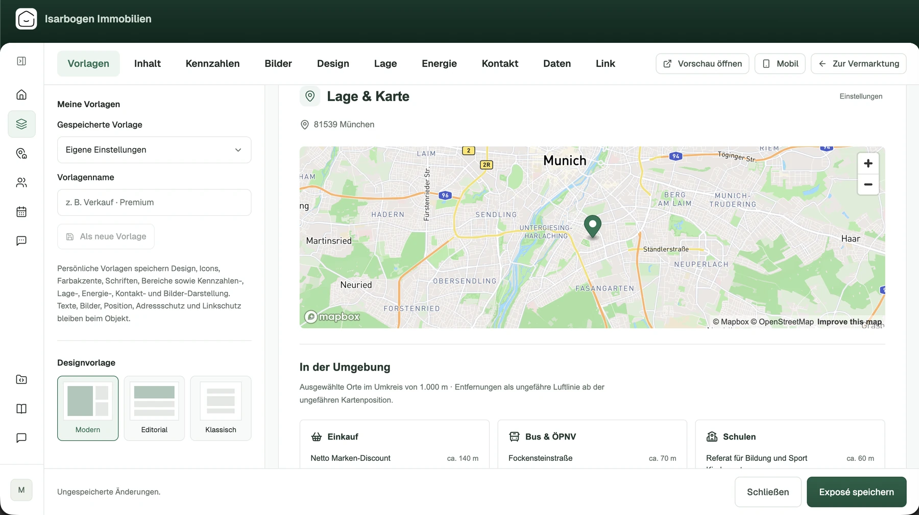 Exposé-Konfigurator von Isarbogen Immobilien mit Vorlagen und Designauswahl links sowie einer Vorschau von Lagekarte und Umgebungsinformationen rechts.